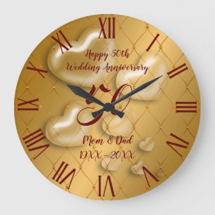 Luxury Heart Happy Gold 50th Anniversary Large Clock