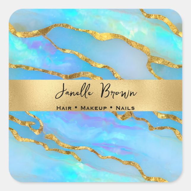 Luxury Holographic Faux Opal Stone and Gold Foil Square Sticker (Front)