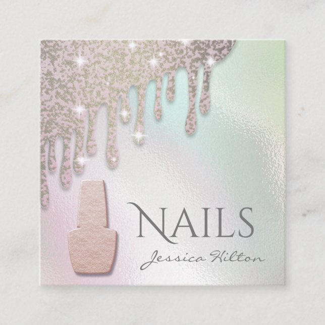 Luxury holographic  Gold patina drips Nail salon Square Business Card (Front)