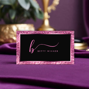 Luxury Hot Pink Glitter Modern Script Monogram Bus Business Card