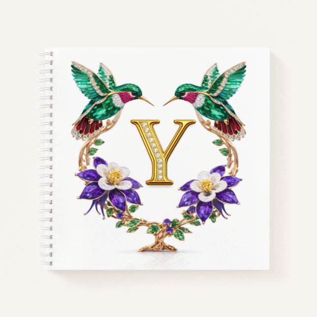 Luxury Initial Y Hummingbird Jeweled Wedding Gift Notebook (Front)
