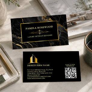 Luxury Interior Designer, Gold Frame Black, Marble Business Card