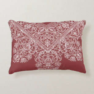 Luxury Italian Lace Pattern White on Dusty Red Accent Pillow
