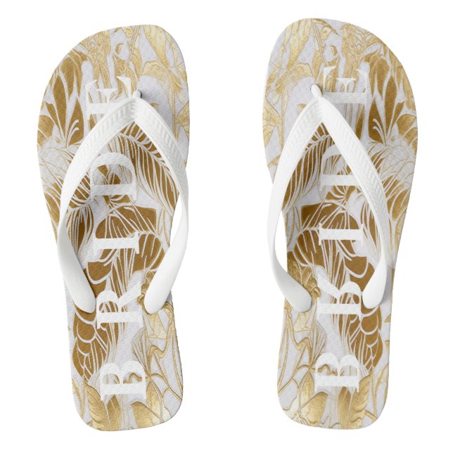 Luxury Ivory and Gold Palm Bride Flip Flops (Footbed)