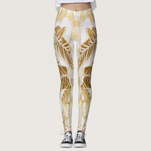 Luxury Ivory and Gold Palm Monstera Leaf Leggings