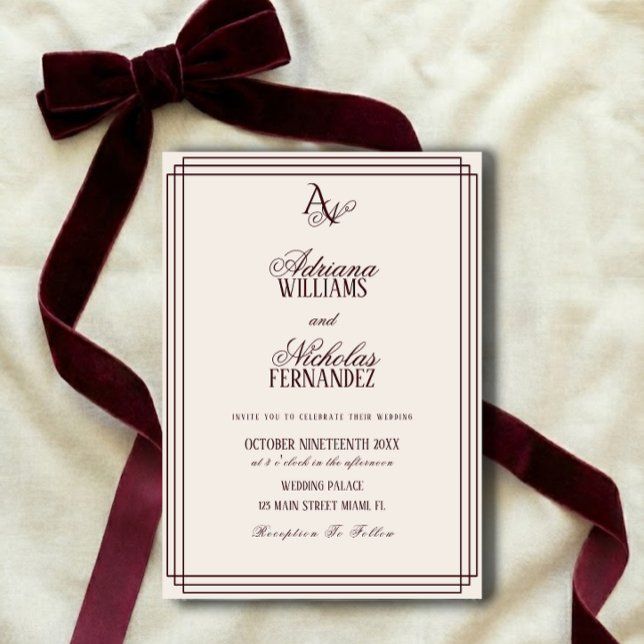Luxury Ivory Burgundy Monogram Wedding Invitation (Creator Uploaded)