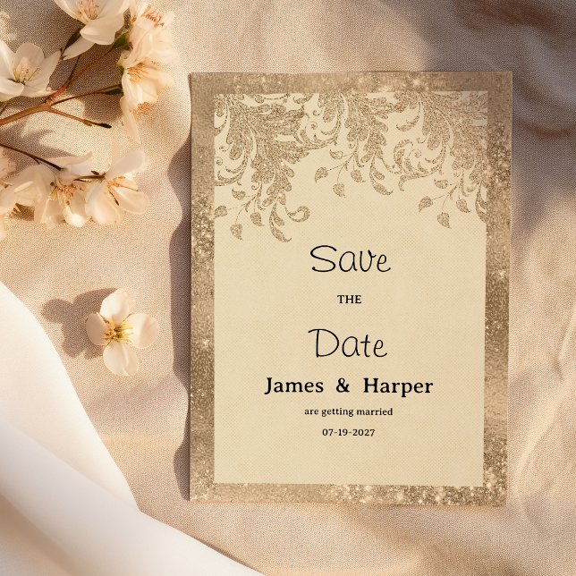 Luxury ivory gold glitter lace flora Save the Date Invitation (Luxury ivory gold glitter lace flora Save the Date)