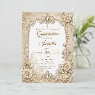 Luxury Ivory Gold Lace Bow Quinceañera Invitation