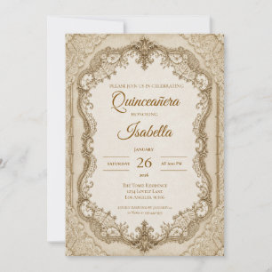 Luxury Ivory Gold Lace Quinceañera Invitation