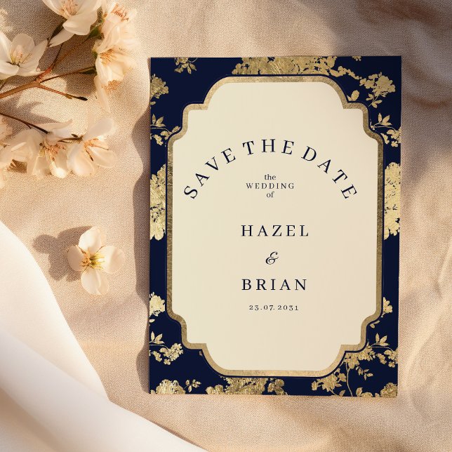 Luxury ivory navy blue gold floral Save the Date  Invitation (Luxury ivory navy blue gold floral Save the Date)
