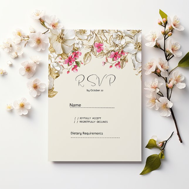 Luxury ivory pink white gold flowers RSVP  Invitation (Luxury ivory pink white gold flowers RSVP)