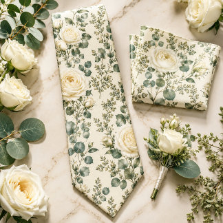 Luxury Ivory Rose & Sage Green Eucalyptus Wedding Tie