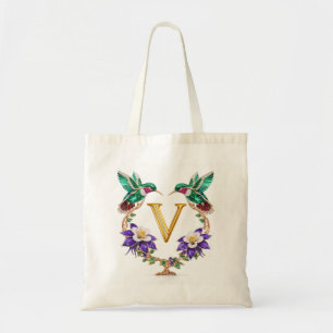 Luxury Jeweled Hummingbird Monogram V Wedding Tote Bag