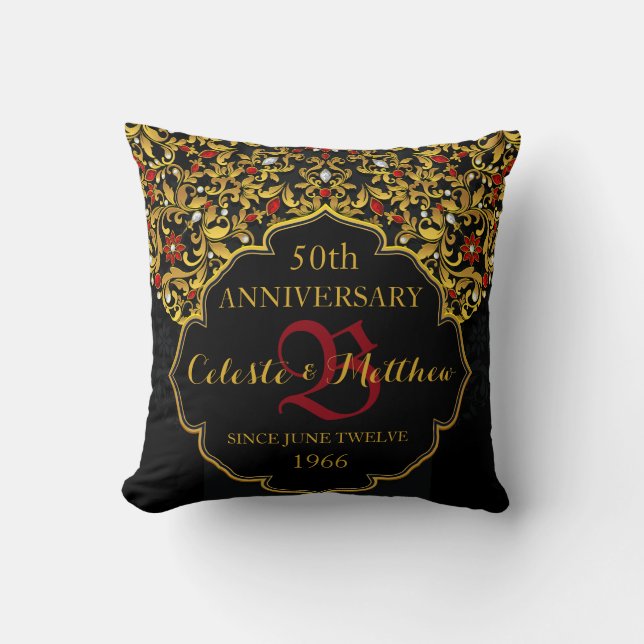 Luxury Jewelled Black Red Gold Wedding Anniversary Throw Pillow (Front)