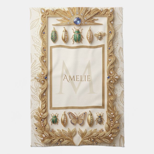 Luxury Jewelled Botanical Frame with Custom Name Kitchen Towel (Vertical)