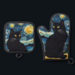 Luxury Kitchen: Black Cat Starry Night Van Gogh Oven Mitt & Pot Holder Set<br><div class="desc">This oven mitt and potholder set offers a delightful blend of Van Gogh's Starry Night with a black cat in a contemporary luxury design with heartfelt charm. Featuring luxe accents, the opulent designs dance across the fabric in a playful yet sophisticated manner. Showcases vibrant colours and dynamic patterns that infuse...</div>