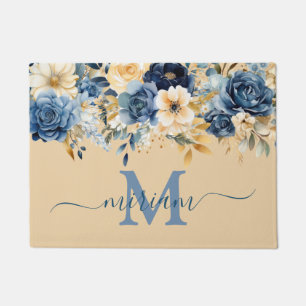 Luxury Kitchen Floor Mat: Blue and Gold Flowers Doormat