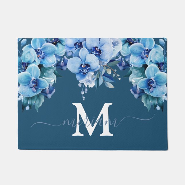 Luxury Kitchen Floor Mat: Blue Orchids Flowers Doormat (Front)