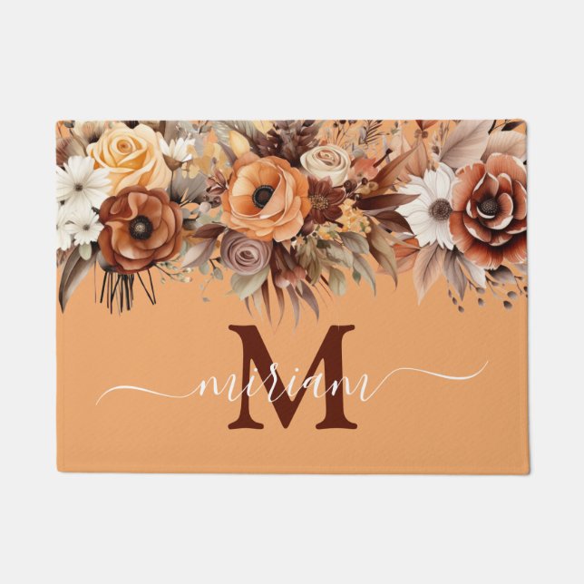 Luxury Kitchen Floor Mat: Brown Boho Flowers Doormat (Front)