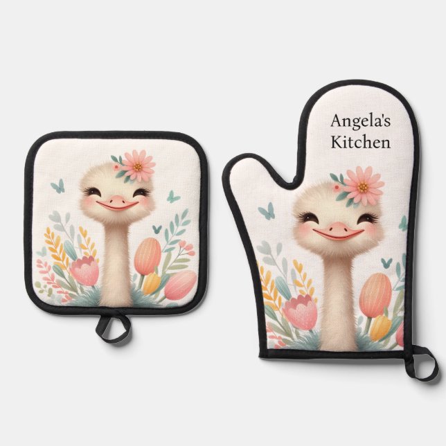 Luxury Kitchen: Ostrich and Flowers Oven Mitt & Pot Holder Set (Front)