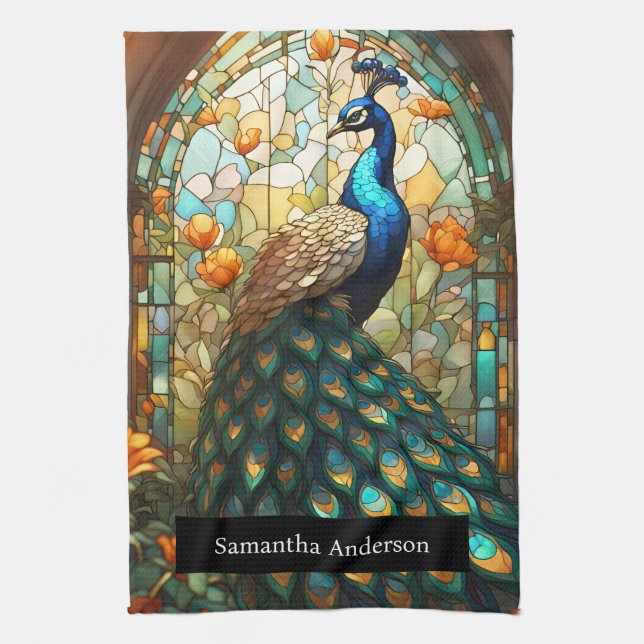Luxury Kitchen: Stained Glass Peacock Custom Name Kitchen Towel (Vertical)