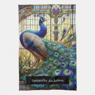 Luxury Kitchen: Stained Glass Peacock Custom Name Kitchen Towel