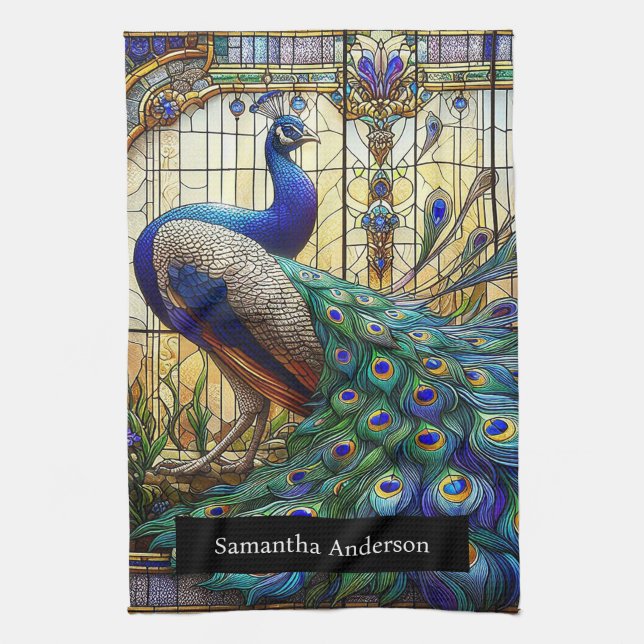 Luxury Kitchen: Stained Glass Peacock Custom Name Kitchen Towel (Vertical)