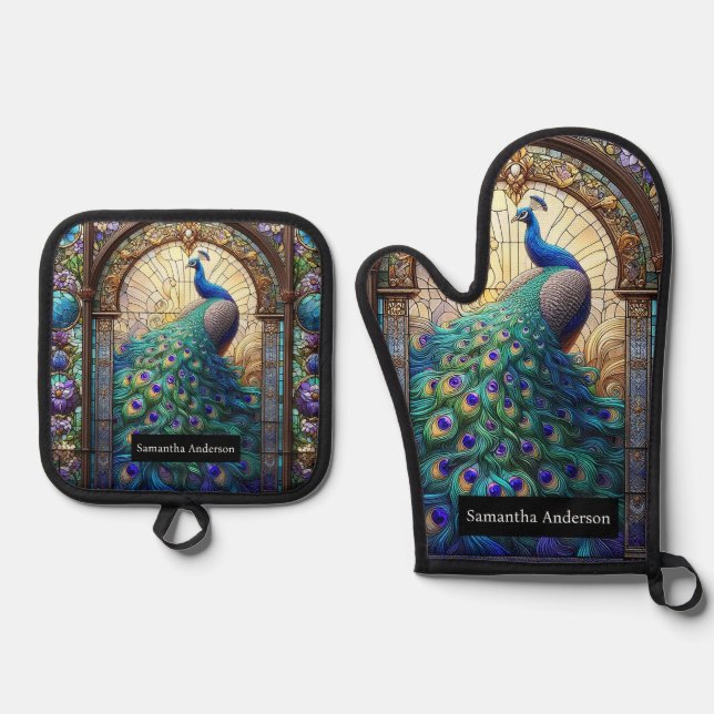 Luxury Kitchen: Stained Glass Peacock Oven Mitt & Pot Holder Set (Front)