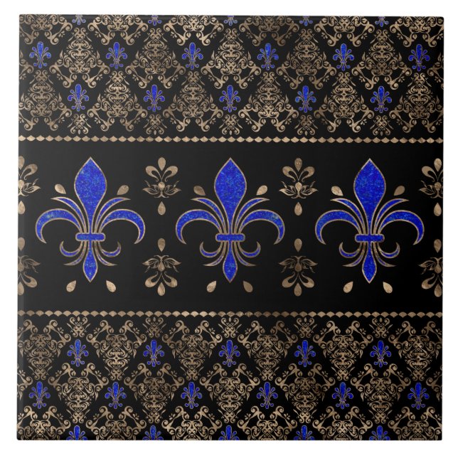 Luxury Lapils Lazuli and gold Fleur-de-lis ornamen Tile (Front)