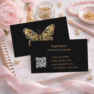 Luxury Lash Tech Black Gold Butterfly QR Code Business Card