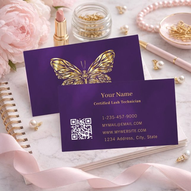 Luxury Lash Tech Purple Gold Butterfly QR Code Business Card (Creator Uploaded)