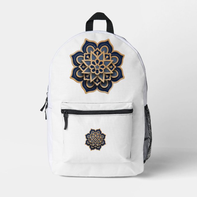 Luxury Layered Mandala Art - Midnight Blue & Gold  Printed Backpack (Front)