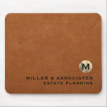Luxury Leather Print Gold Emblem Company Branded Mouse Pad<br><div class="desc">Elevate your workspace with this personalized round mouse pad featuring a sable leather print background and a brushed gold monogram emblem with your company name and specialty in black classic typography. Perfect for estate planners, attorneys, and other business professionals who want to make a lasting impression. Customize with your own...</div>