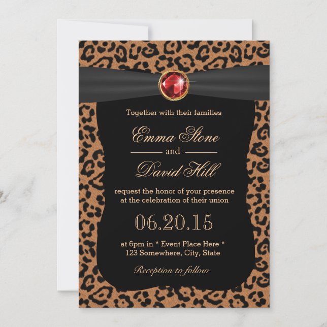 Luxury Leopard Print Ruby Gemstone Wedding Invitation (Front)