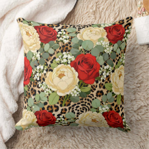 Luxury Leopard & Red Rose Pattern Throw Pillow