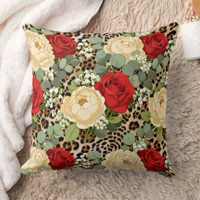 Luxury Leopard & Red Rose Pattern  Throw Pillow (Blanket)