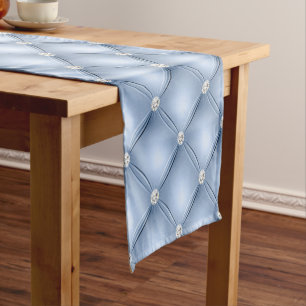 Luxury Light Blue Diamond Tufted Pattern Short Table Runner