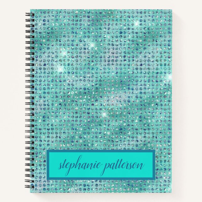 Luxury Light Blue Shimmering Sequins Custom Name Notebook (Front)