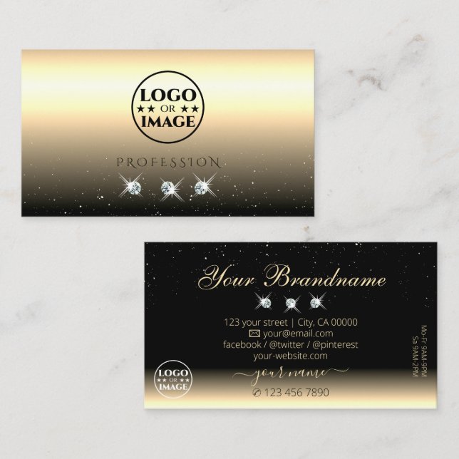 Luxury Light Gold Black Sparkling Jewels with Logo Business Card (Front/Back)