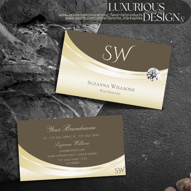 Luxury Light Gold Brown with Monogram and Diamond Business Card (Creator Uploaded)
