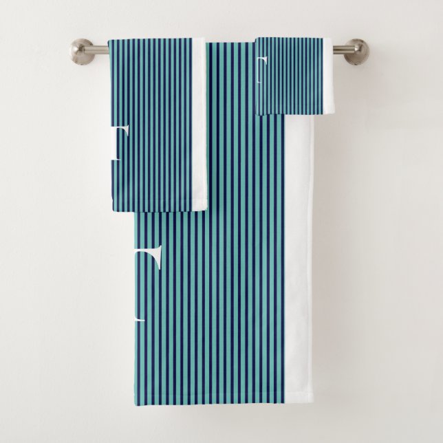 Luxury Light Teal Striped Boy Monogrammed  Bath Towel Set (Insitu)