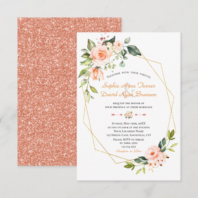 Luxury Living Coral Flowers Gold Wedding Invitation (Front/Back)