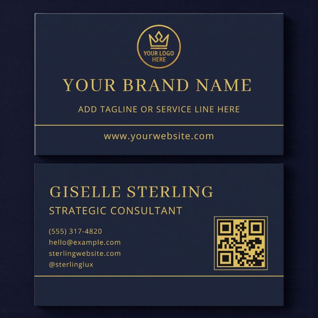 Luxury Logo Blue Gold QR Code Business Card (Creator Uploaded)