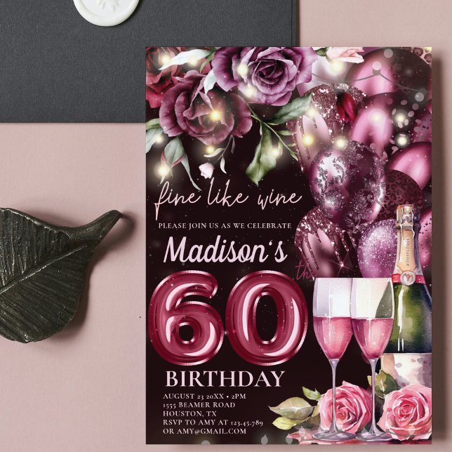 Luxury Magenta Wine Adult 60th Birthday Invitation (Creator Uploaded)