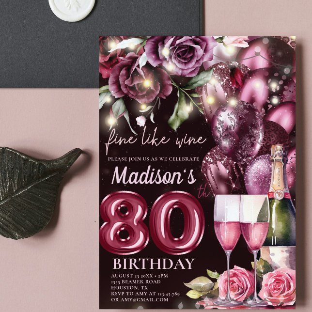 Luxury Magenta Wine Adult 80th Birthday Invitation (Creator Uploaded)