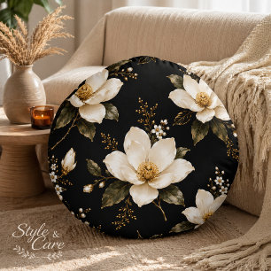 Luxury Magnolia Floral Seamless Pattern Artwork Round Pillow