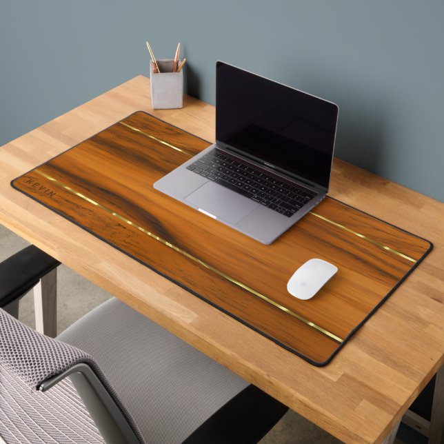 Luxury Mahogany Wood Texture 2 Gold Accent Desk Mat (Office 2)