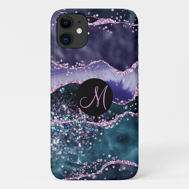 Luxury Marble Agate Purple Glitter Monogram Case-Mate iPhone Case (Back)