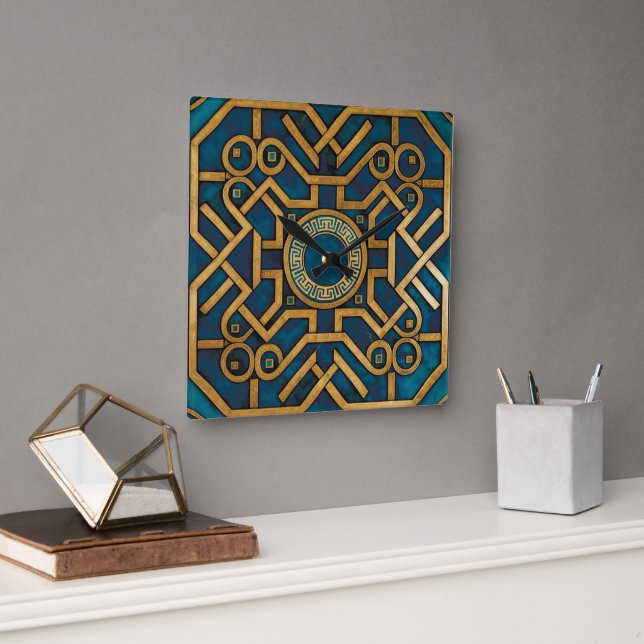 Luxury Marble art Deco Blue Gold Greek Key Square Wall Clock (Office)