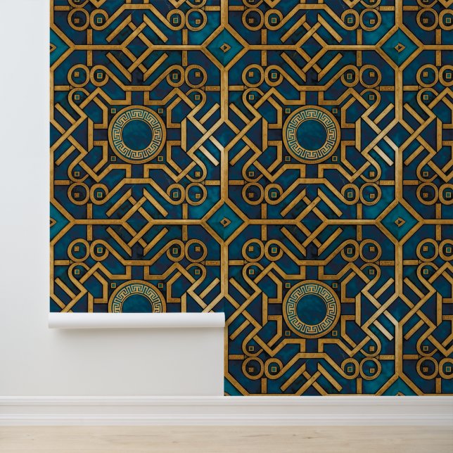 Luxury Marble art Deco Blue Gold Greek Key Wallpaper (Application)